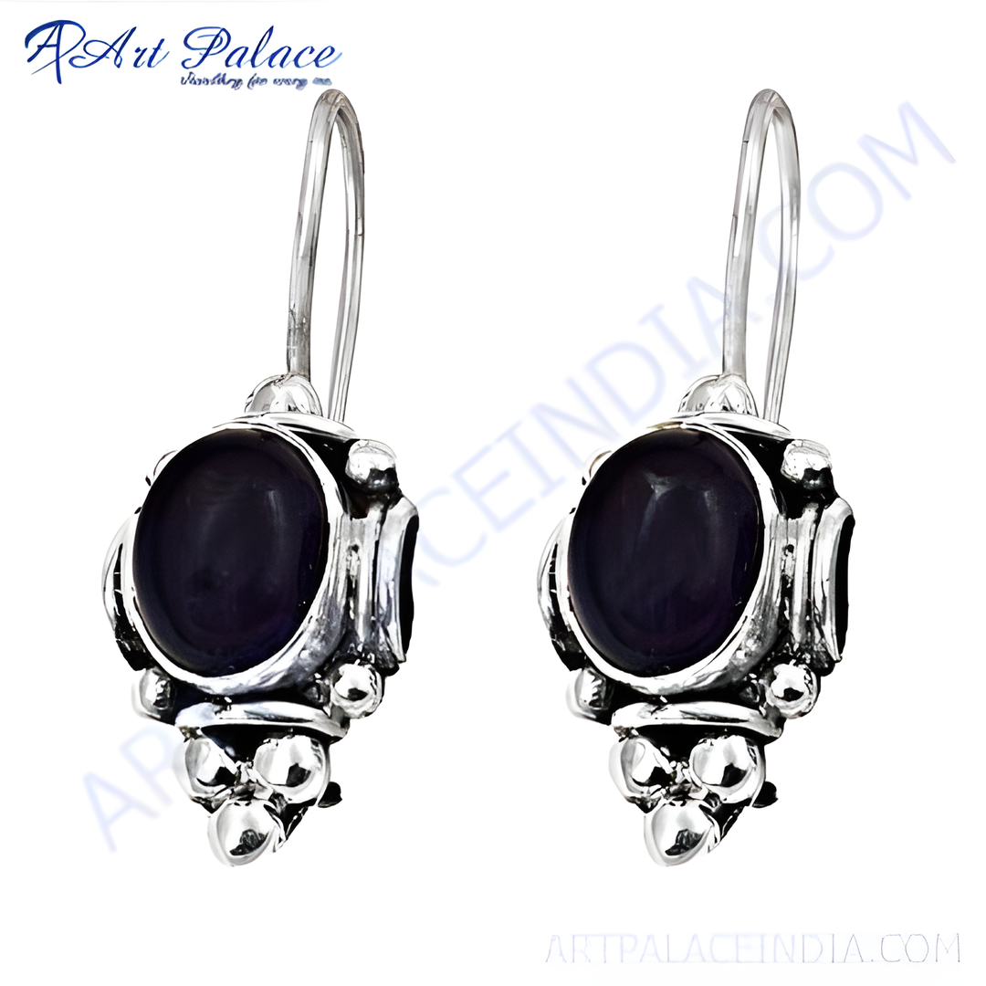 925 sterling silver drop earrings with oval amethyst gemstones and decorative silver detailing.