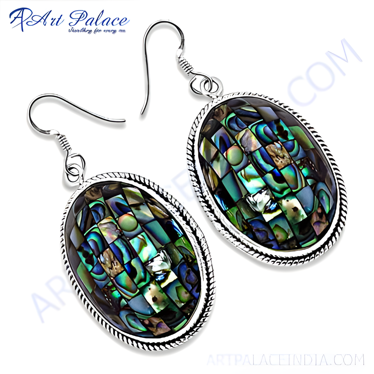 925 sterling silver abalone shell dangle earrings with iridescent mosaic design