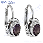 Load image into Gallery viewer, 925 sterling silver leverback earrings with oval-cut purple amethyst gemstones
