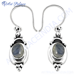 Load image into Gallery viewer, 925 sterling silver drop earrings with oval moonstone gemstone centers
