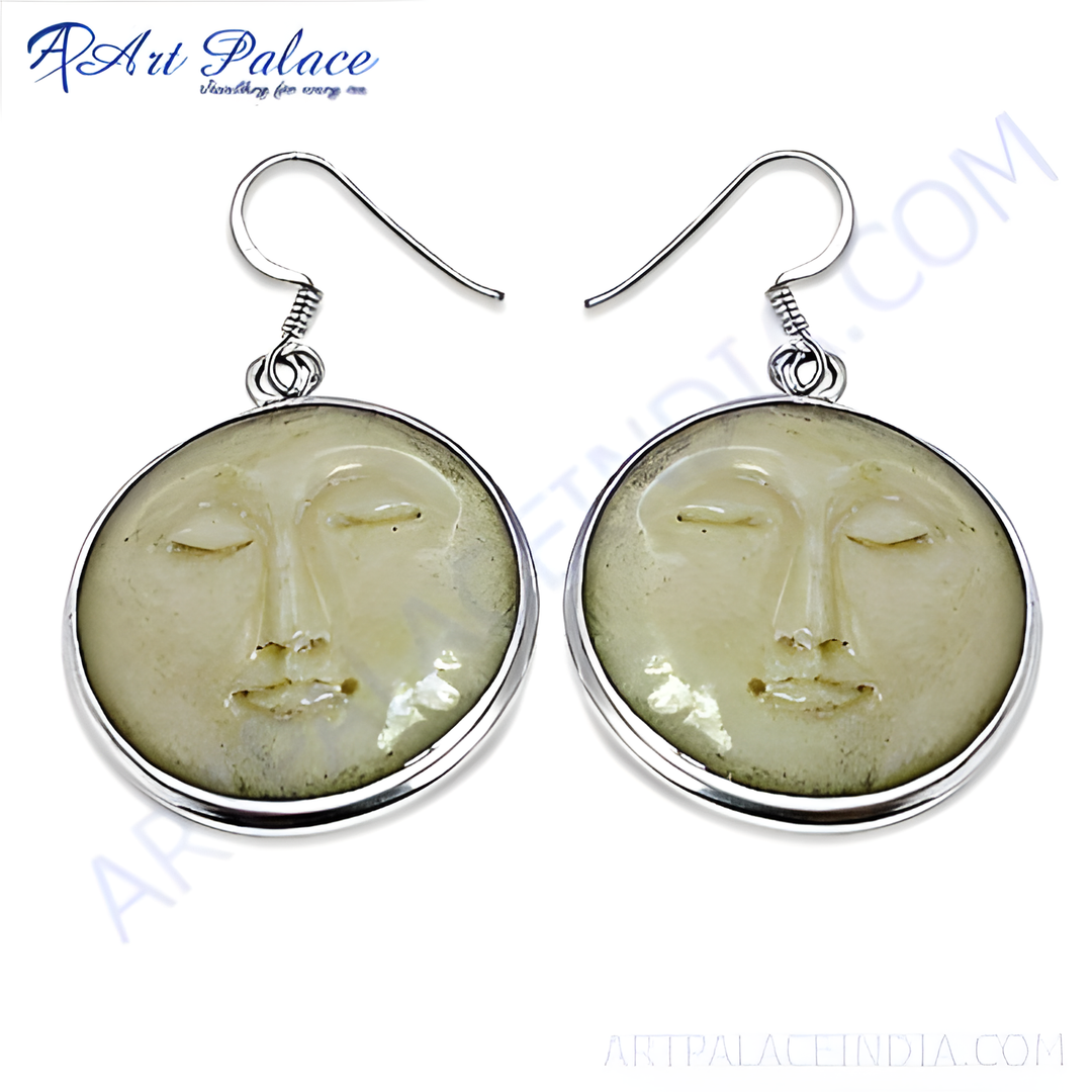 925 sterling silver moon face drop earrings with ivory-colored detail, for women.