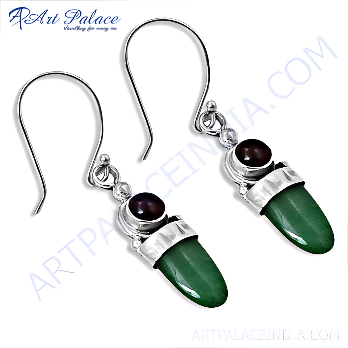 925 sterling silver drop earrings with green gemstone drops and a small dark red stone