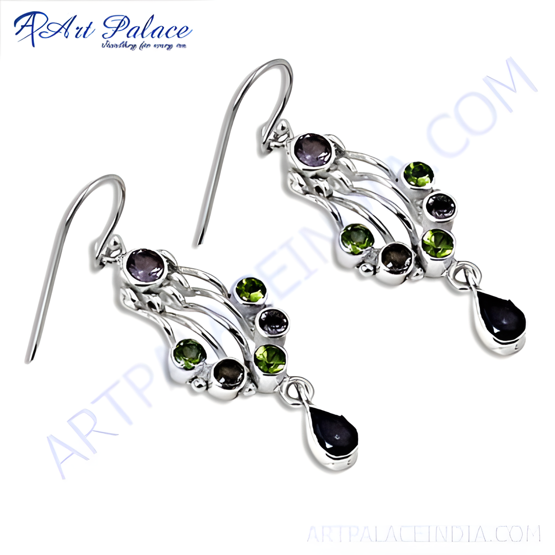 Sterling silver dangle earrings with peridot, amethyst gemstones, and a teardrop-shaped onyx stone.