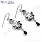 Load image into Gallery viewer, Sterling silver dangle earrings with peridot, amethyst gemstones, and a teardrop-shaped onyx stone.

