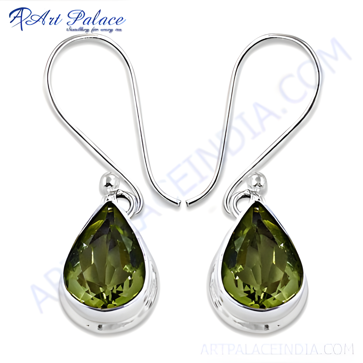 925 sterling silver dangle earrings featuring teardrop shaped peridot gemstones in a bezel setting