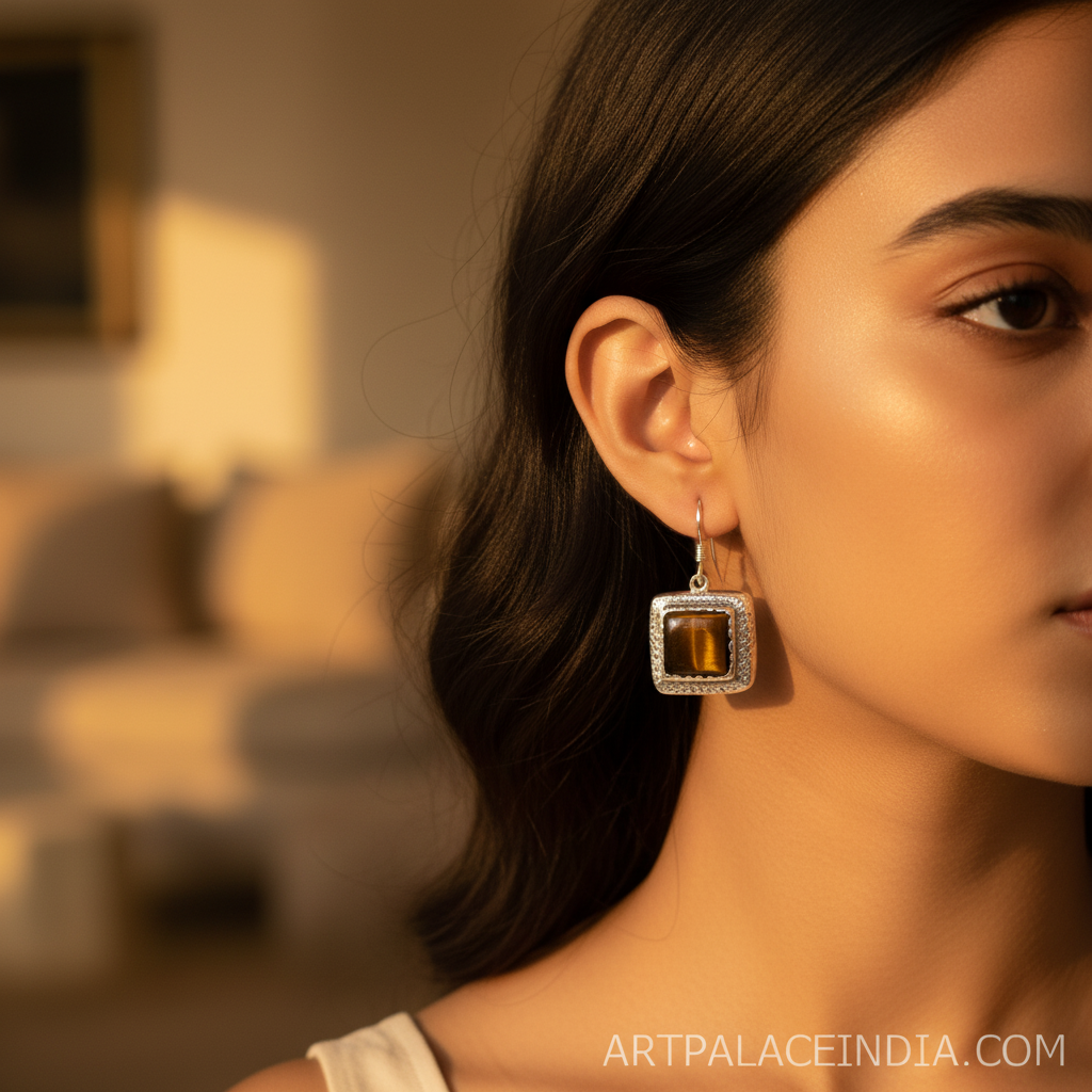 925 Silver Tiger Eye Square Earrings for Women | Dangle Earrings