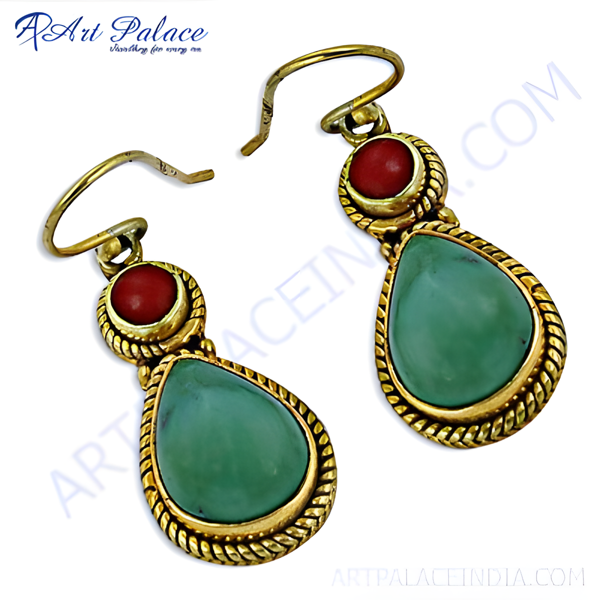 Gold teardrop earrings featuring turquoise and red gemstones, perfect for any occasion
