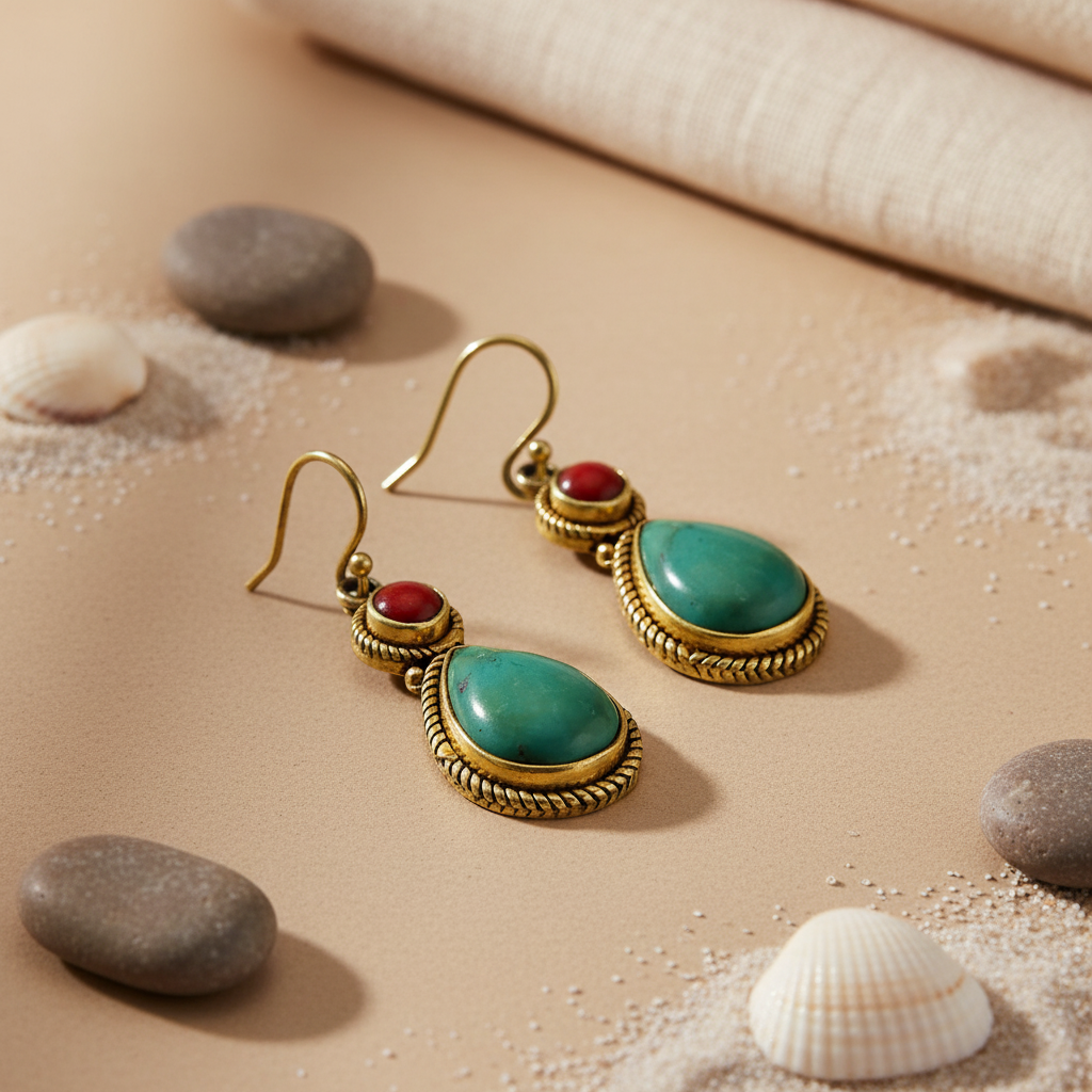 gold plating Teardrop Earrings with Turquoise & Red Gemstones | Women's Jewelry