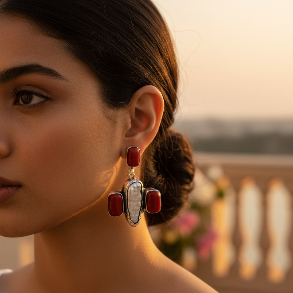 925 Silver Pearl & Red Coral Earrings for Women | Gift Jewelry