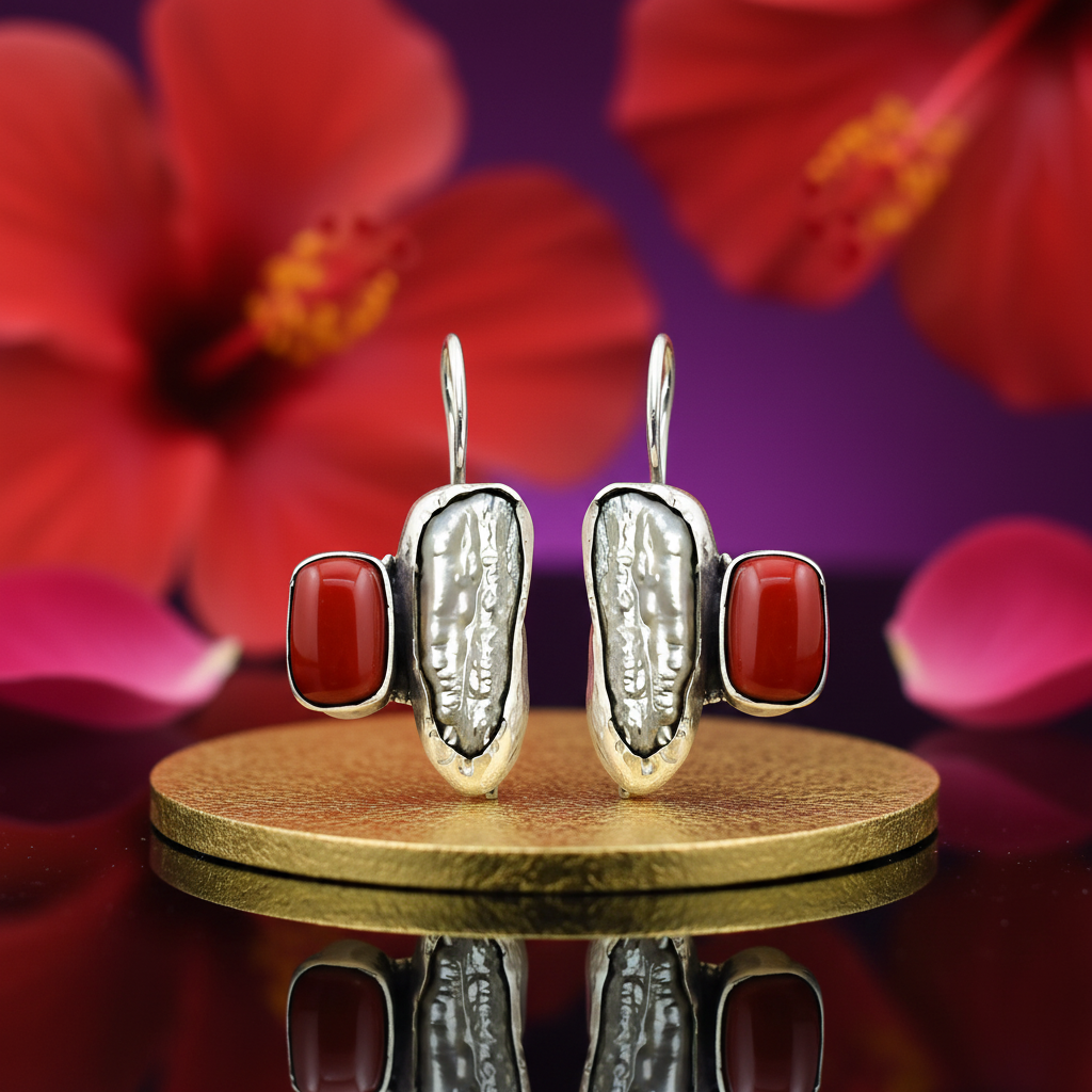 925 Silver Pearl & Red Coral Earrings for Women | Gift Jewelry
