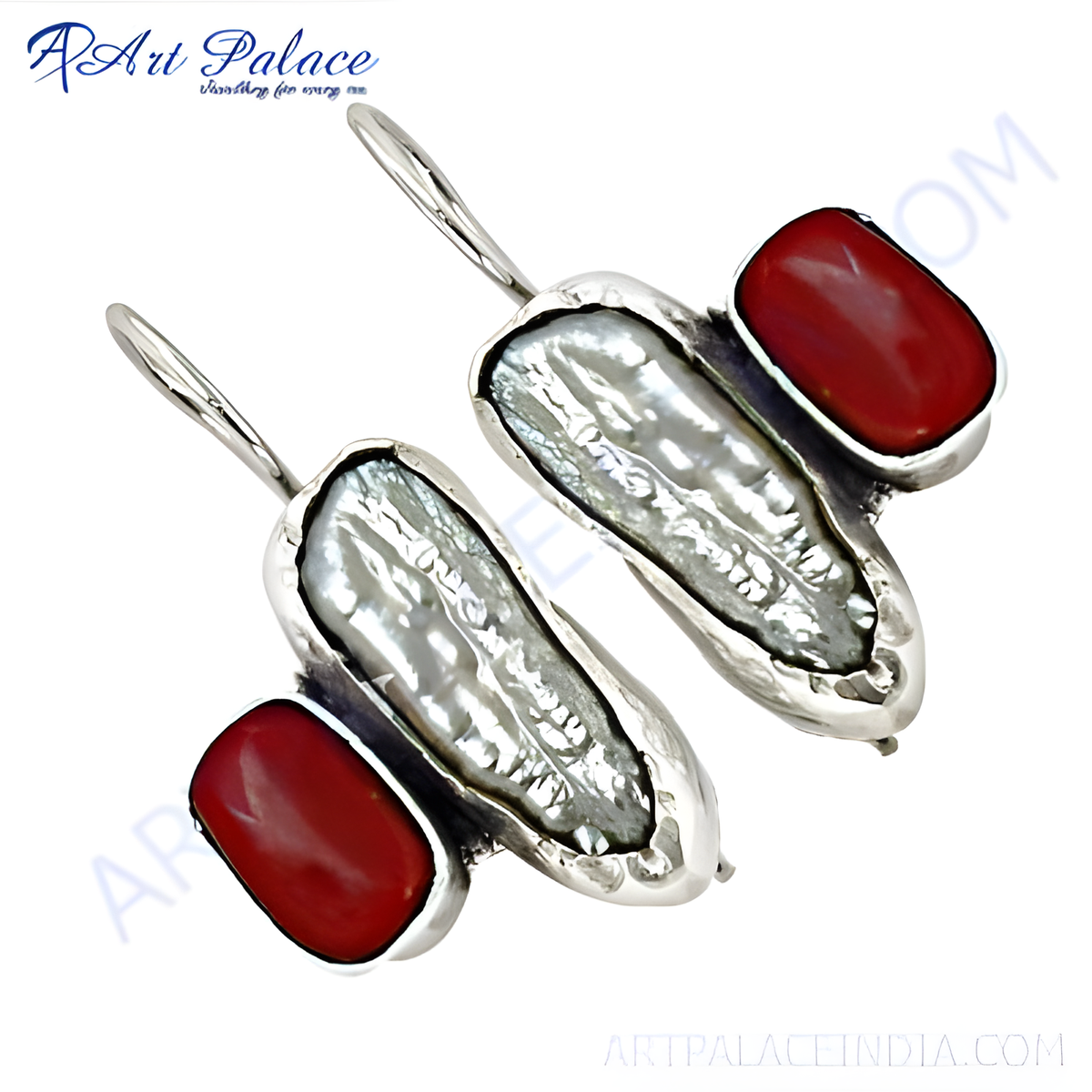 925 sterling silver drop earrings with white pearl and red coral gemstones, perfect for gifting