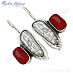 Load image into Gallery viewer, 925 sterling silver drop earrings with white pearl and red coral gemstones, perfect for gifting
