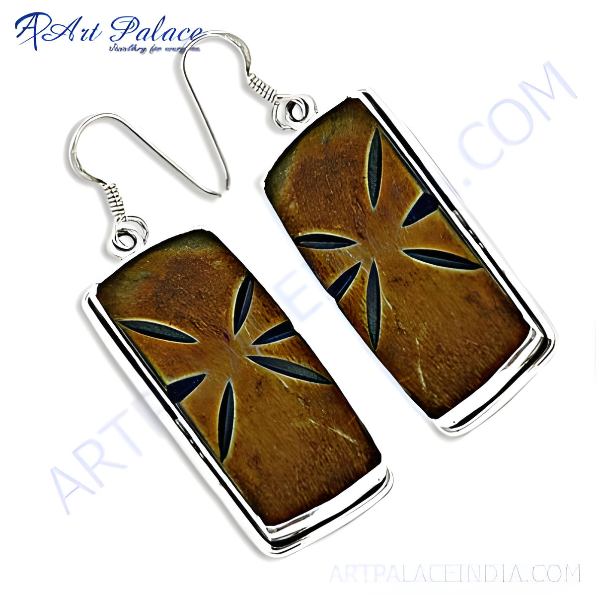 Geometric silver earrings with a brown and black inlay design, perfect for women
