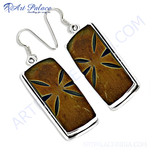 Load image into Gallery viewer, Geometric silver earrings with a brown and black inlay design, perfect for women
