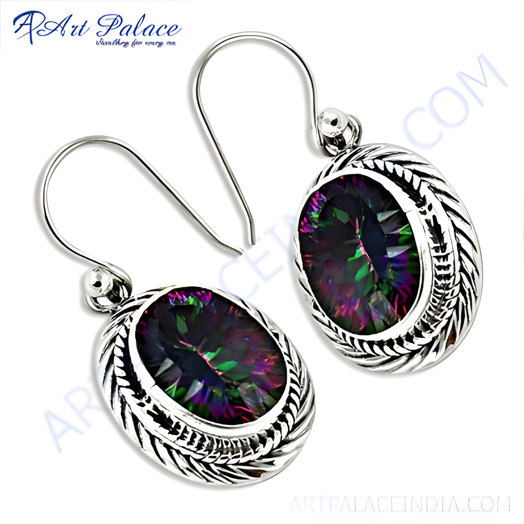 925 sterling silver dangle earrings with oval-shaped mystic topaz gemstones in a decorative setting.