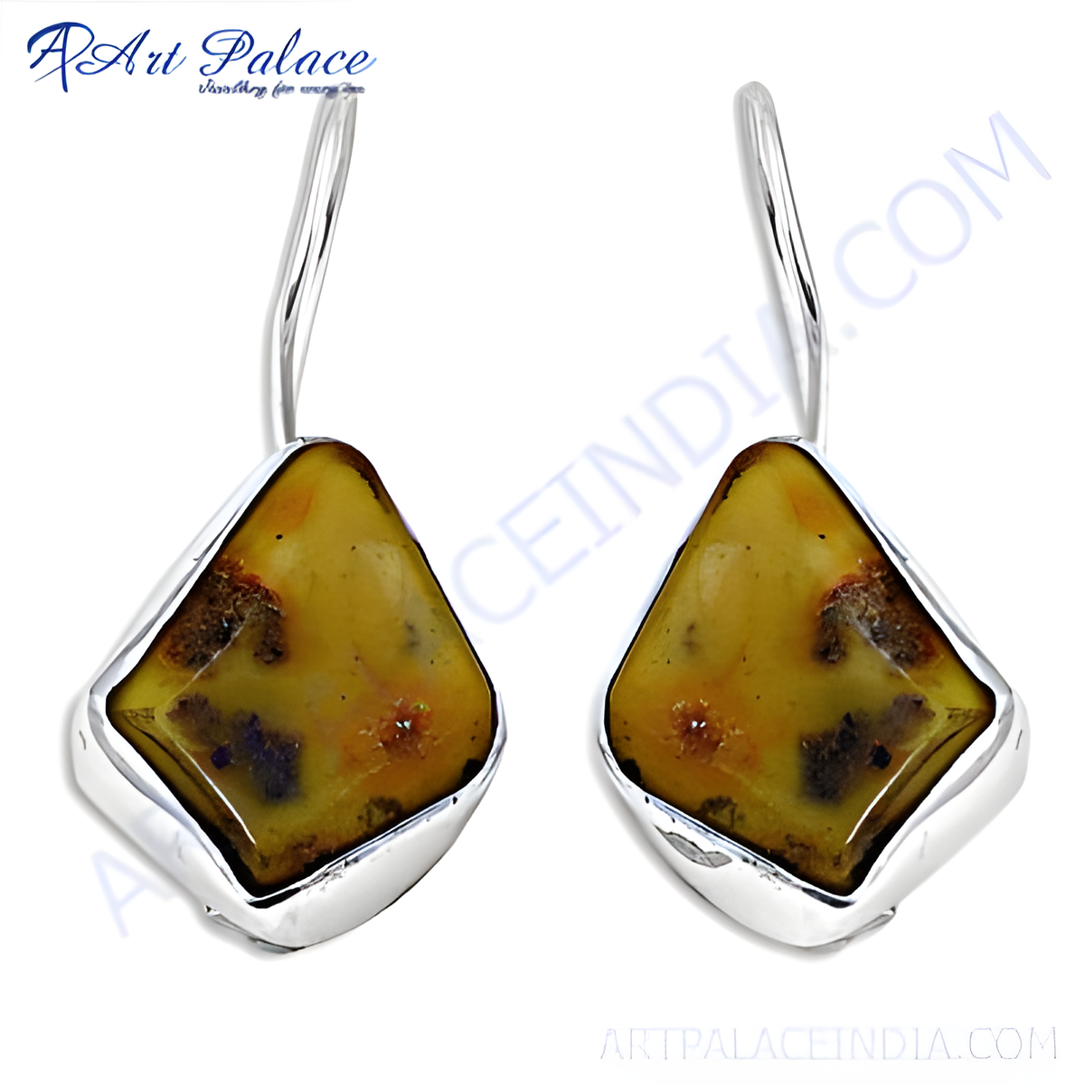925 sterling silver dangle earrings with natural amber gemstones, showing warm yellow and brown tones