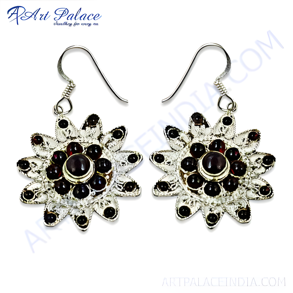 925 sterling silver dangle earrings featuring a flower design with red garnet gemstones