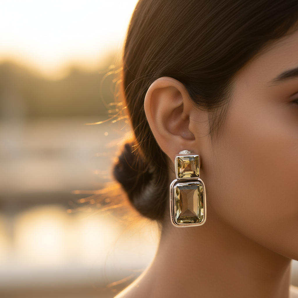925纯银黄水晶耳环（女士款）| 宝石首饰