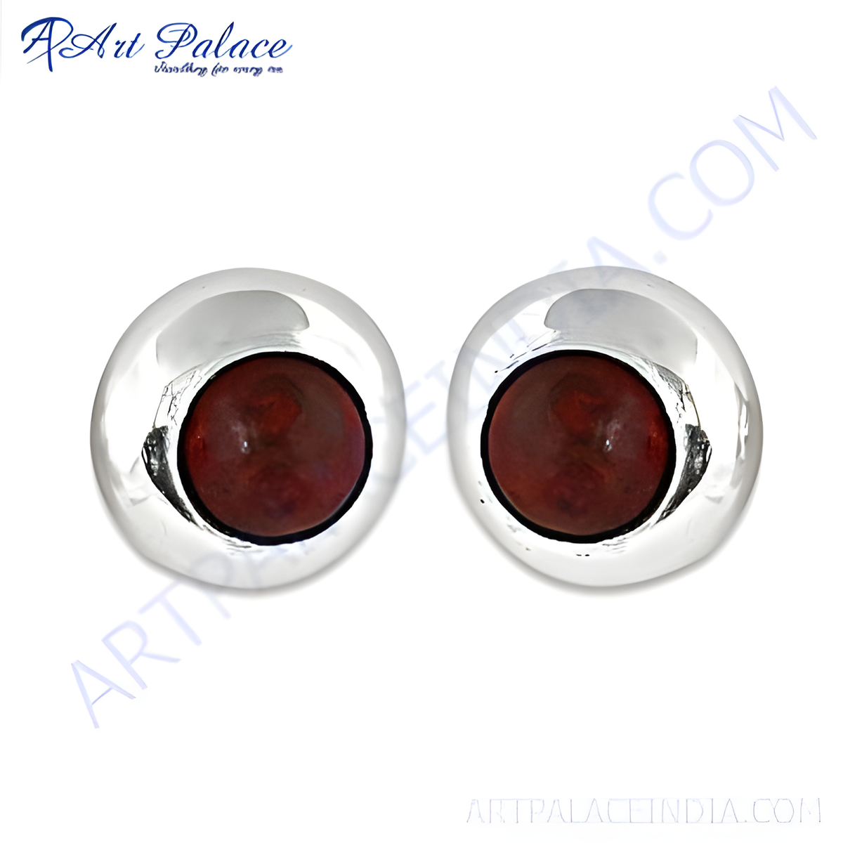 Silver stud earrings with round red gemstones, perfect for women's daily wear or gifting
