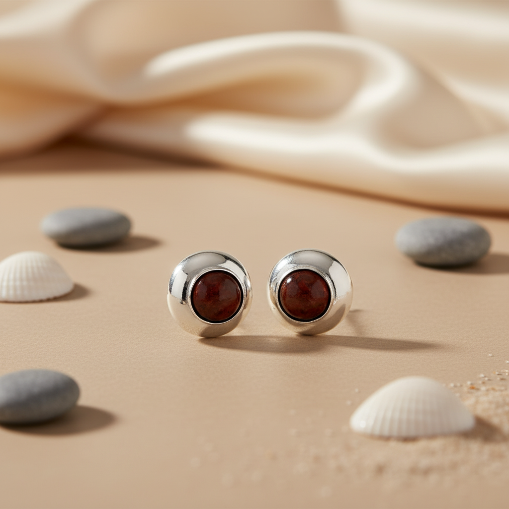 Silver Stud Earrings with Red Gemstones | Women's Jewelry Gift