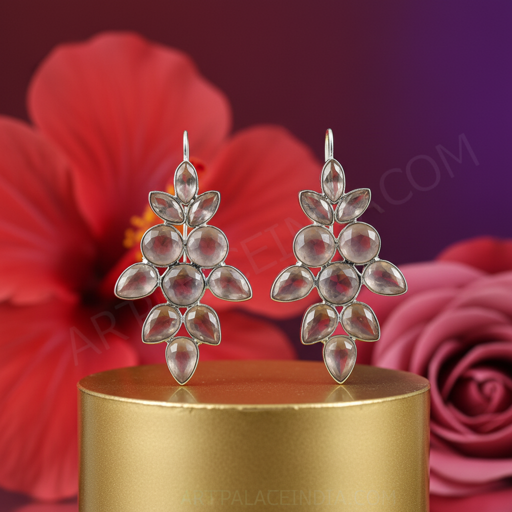 925 Silver Rose Quartz Drop Earrings for Women | Floral Jewelry