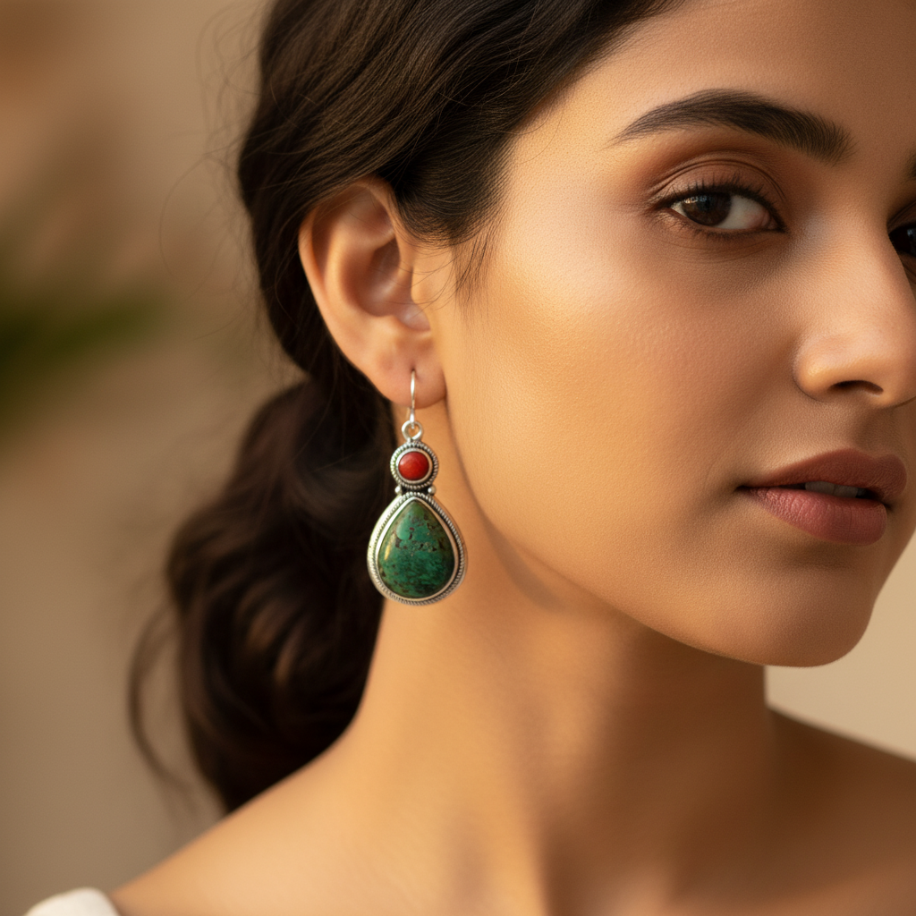 Pendientes de plata 925 con turquesa y coral para mujer | Joyas colgantes