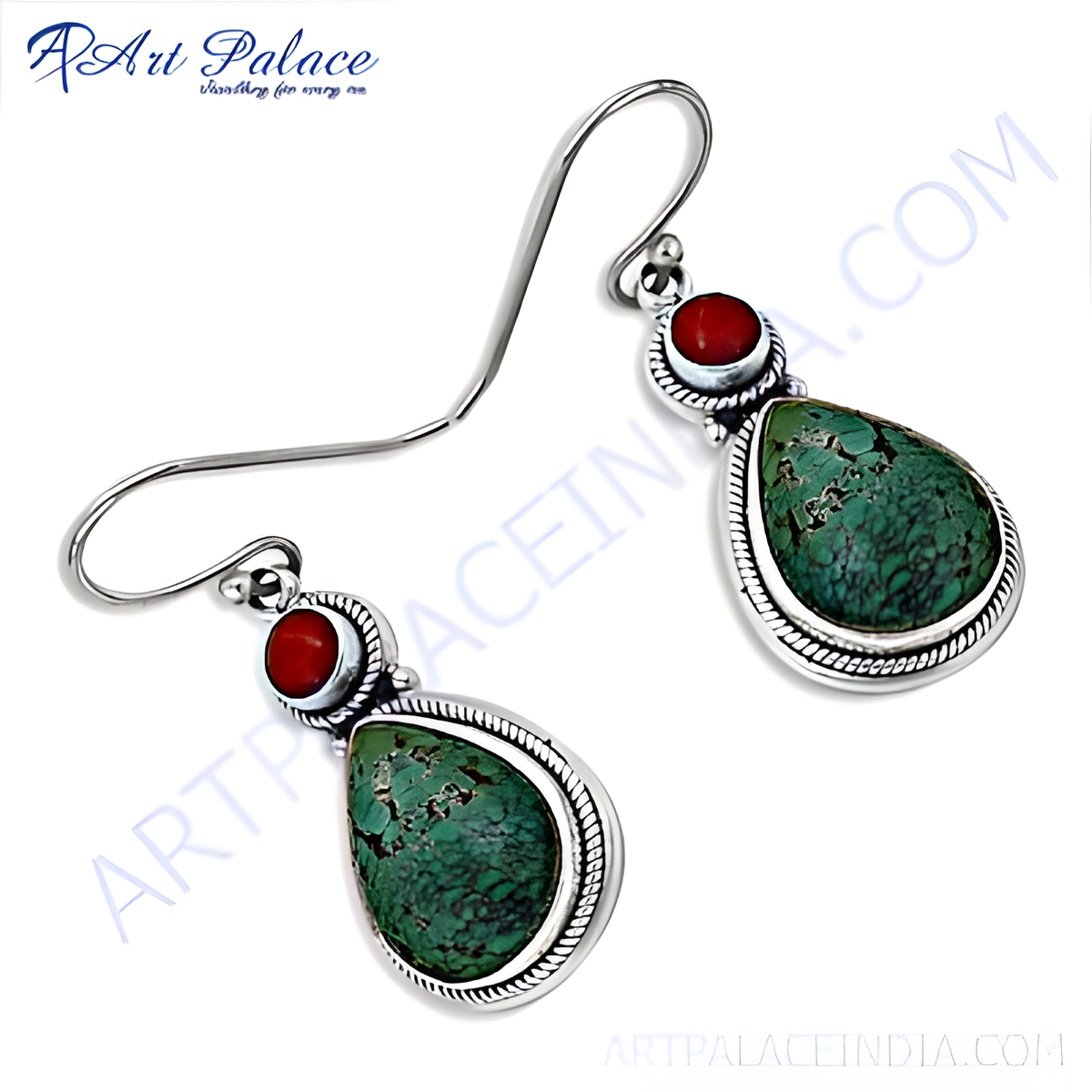 925 sterling silver dangle earrings featuring turquoise teardrop stones and coral accents
