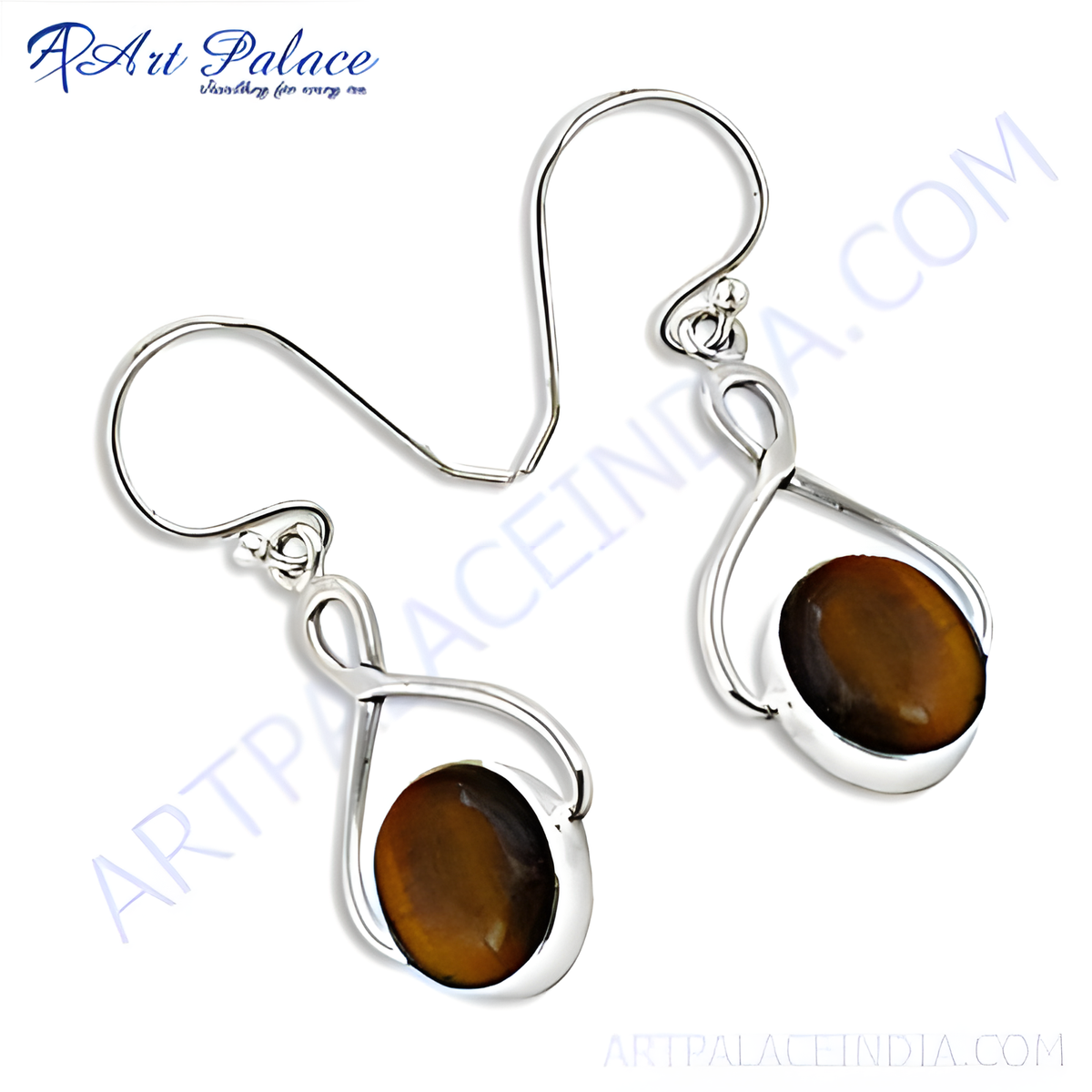 Sterling silver dangle earrings with teardrop design and a brown gemstone