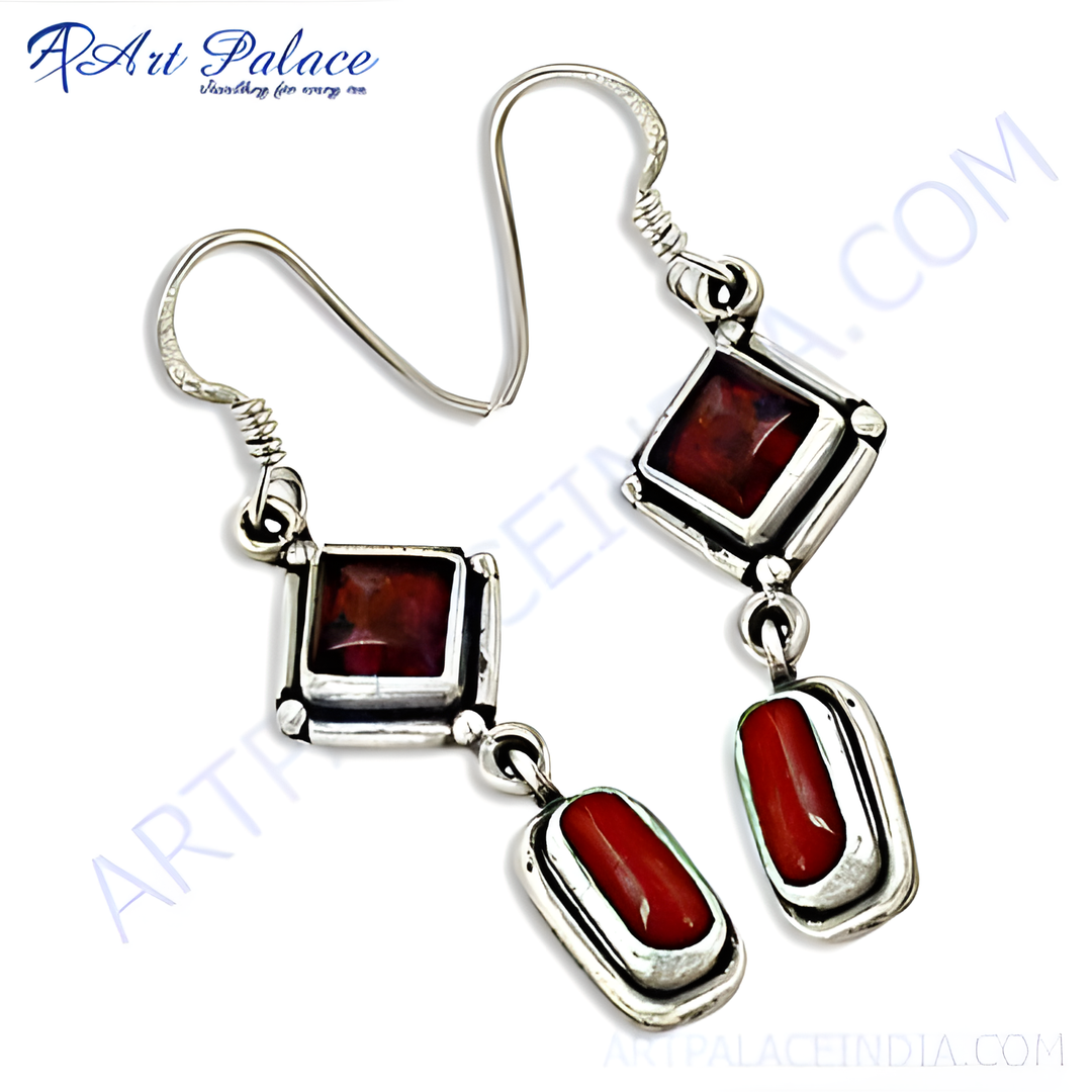 925 sterling silver drop earrings with red coral gemstones for women.