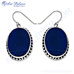 Load image into Gallery viewer, 925 sterling silver dangle earrings with oval-shaped blue lapis lazuli gemstone

