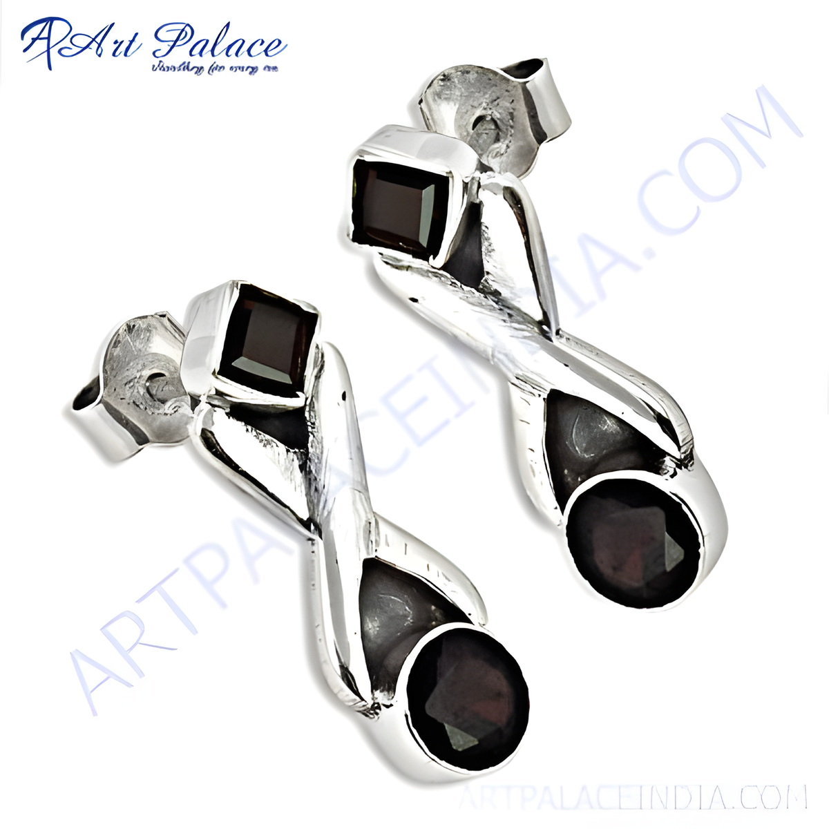 925 sterling silver dangle earrings with square and round garnet gemstones