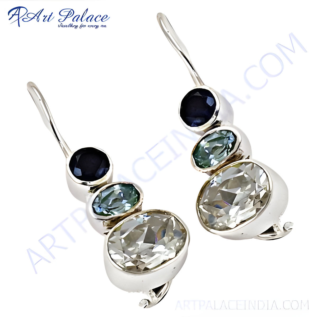 925 sterling silver drop earrings with blue and clear gemstones, for women