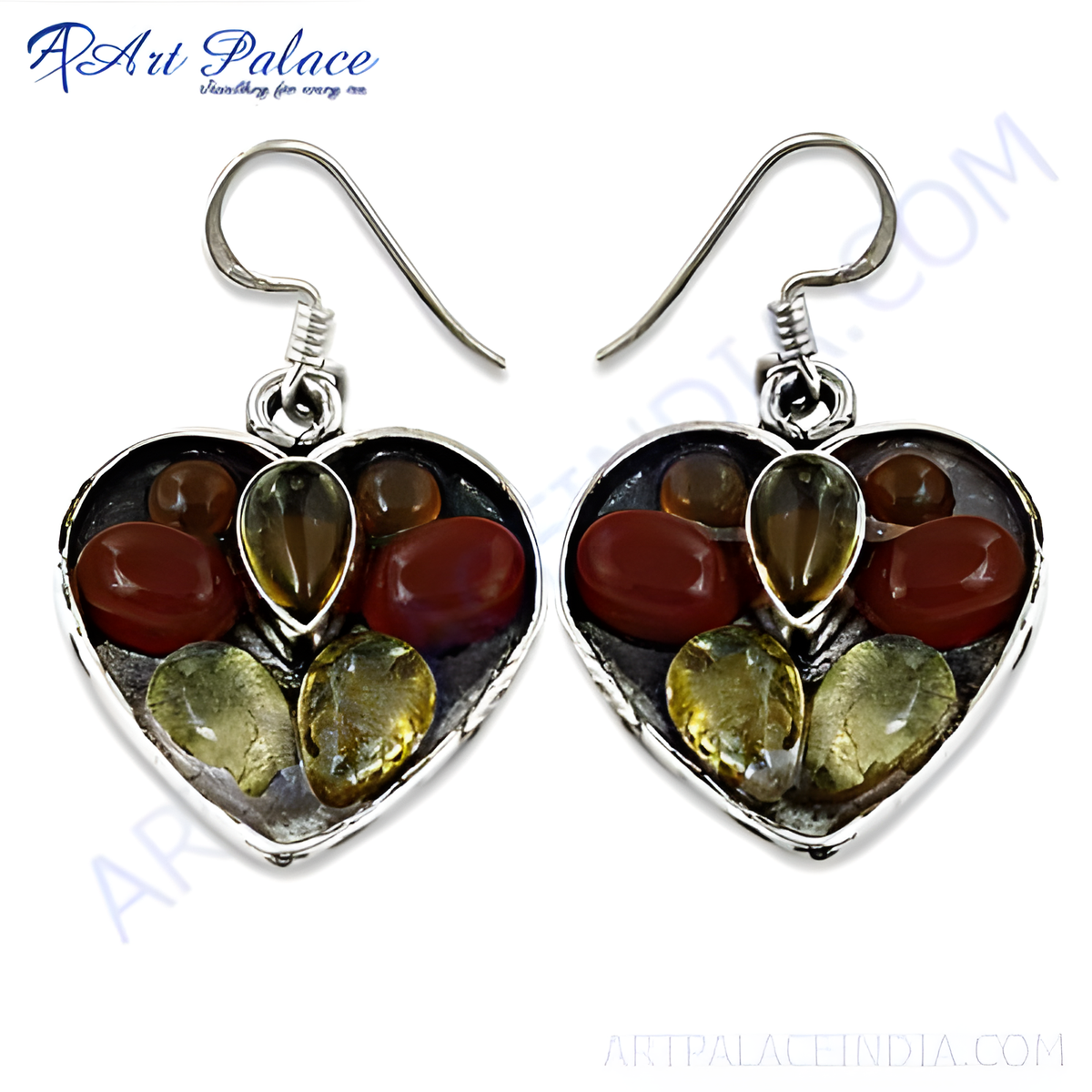 925 sterling silver heart shaped dangle earrings with mixed gemstones in red, green and yellow colors