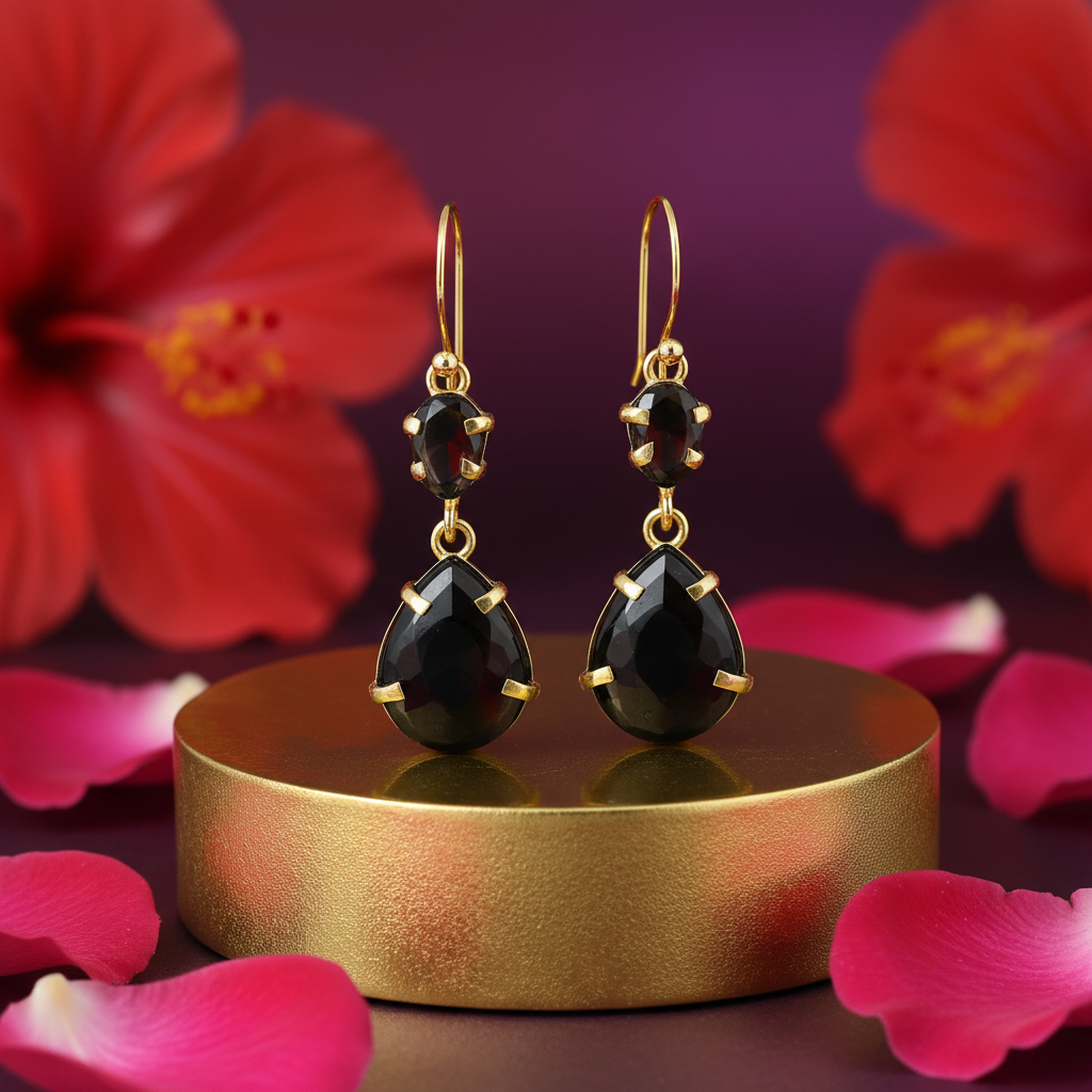 Gold onyx teardrop earrings for women | dangle earrings