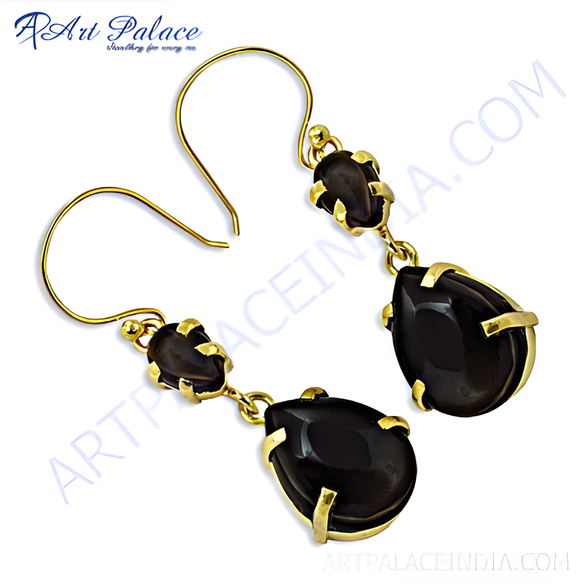 Gold plated dangle earrings with black onyx teardrop gemstones