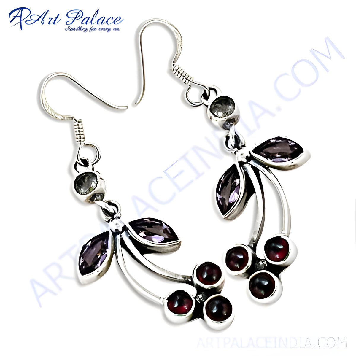 Sterling silver dangle earrings with garnet and amethyst gemstones, elegant design for women