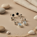 将图像加载到图库查看器中， 925 Silver Moonstone &amp; Onyx Dangle Earrings for Women
