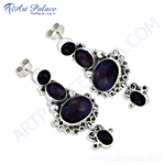 Load image into Gallery viewer, 925 sterling silver drop earrings with oval purple gemstones, a beautiful jewelry piece for women.
