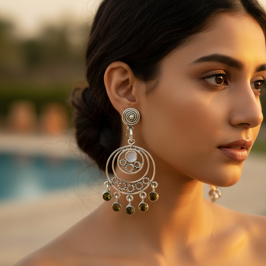 925纯银宝石圆形吊坠耳环 | 女士珠宝