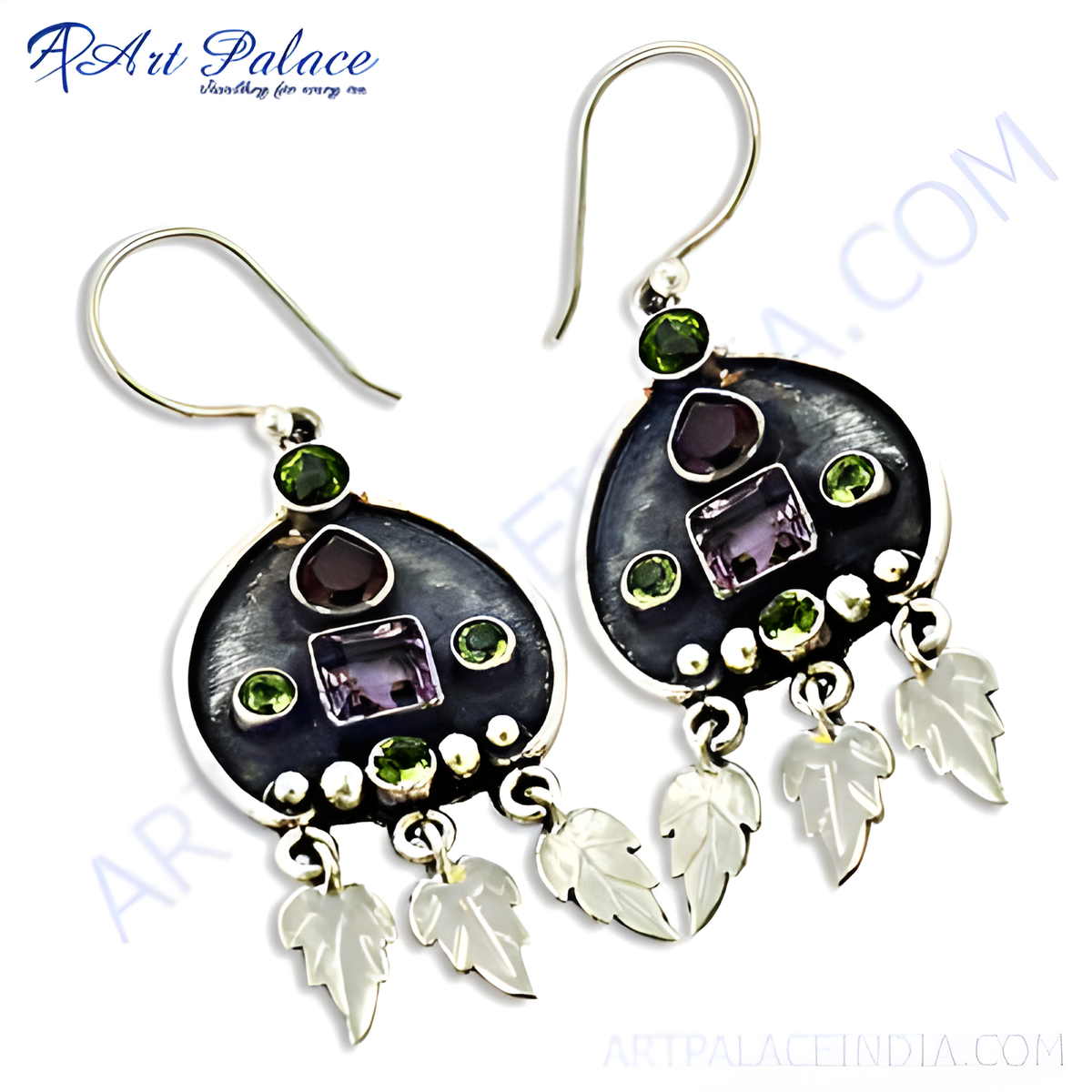 925 sterling silver dangle earrings with purple and green gemstones for women