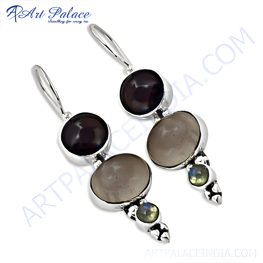 925 sterling silver drop earrings featuring black pearls and gray moonstone gemstones.