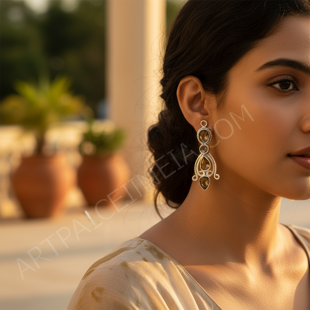 925纯银黄水晶水滴耳环（女士款）| 宝石首饰