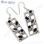 Load image into Gallery viewer, 925 sterling silver dangle earrings with rectangular design and amethyst gemstones. Silver fashion jewelry.
