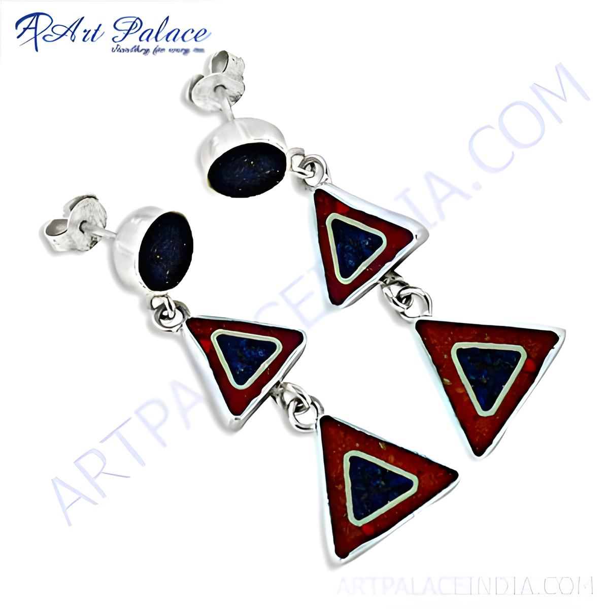 925 sterling silver drop earrings with red enamel and blue lapis lazuli gemstone in geometric shapes