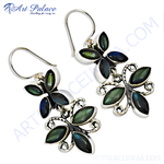Load image into Gallery viewer, 925 sterling silver drop earrings featuring labradorite gemstones in a floral design, green and blue.
