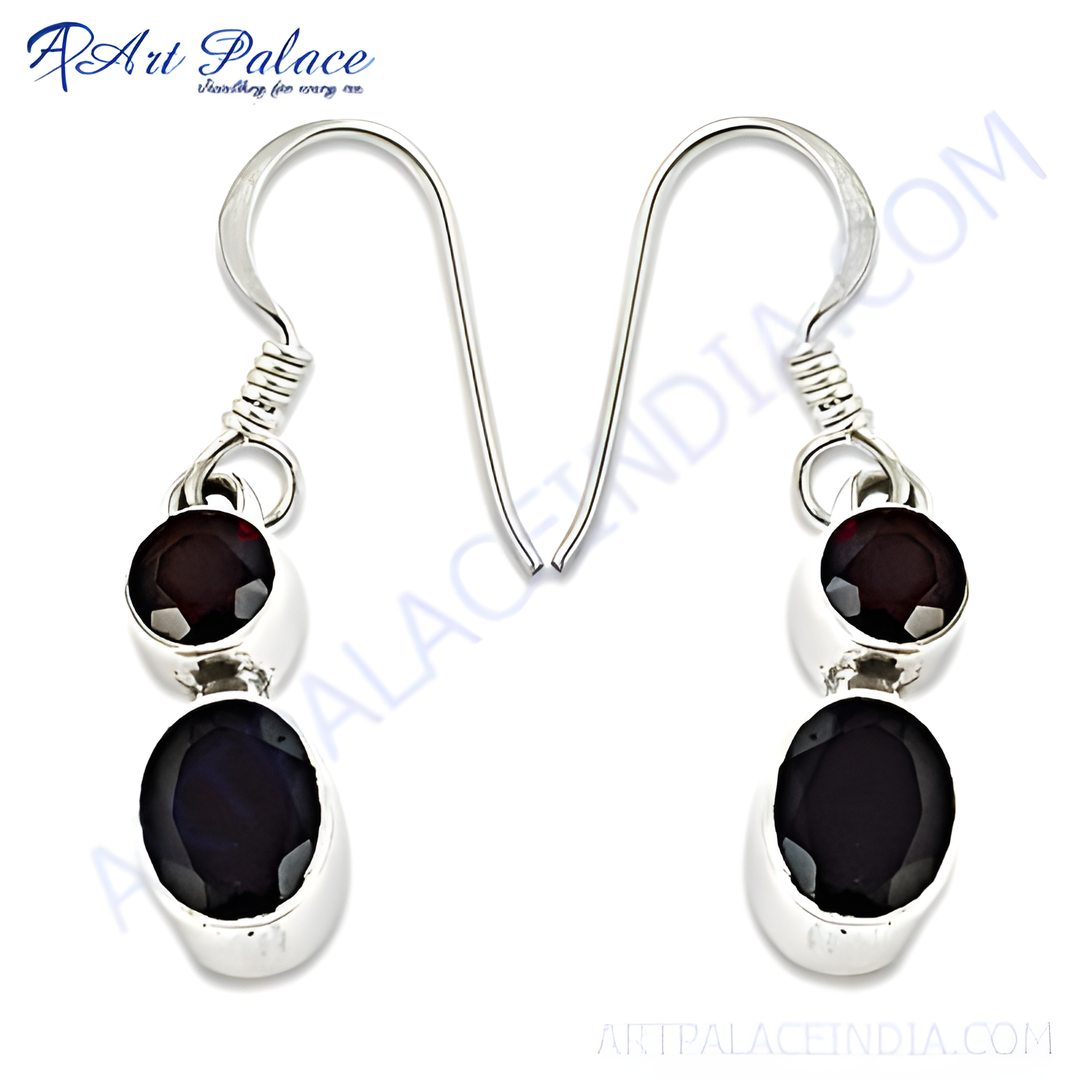 925 sterling silver drop earrings with garnet gemstones. Red and silver dangle earrings for women.