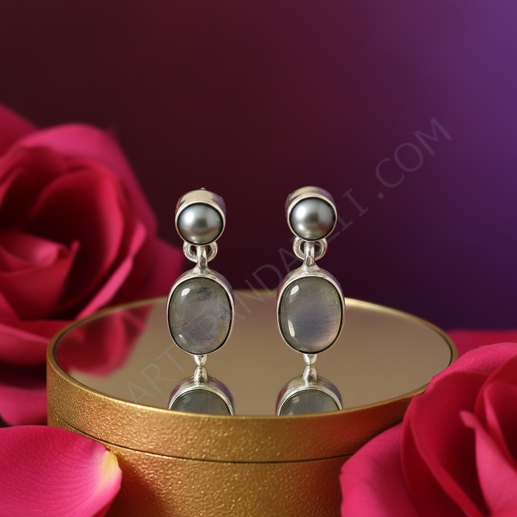 925 Silver Pearl & Moonstone Drop Earrings for Women