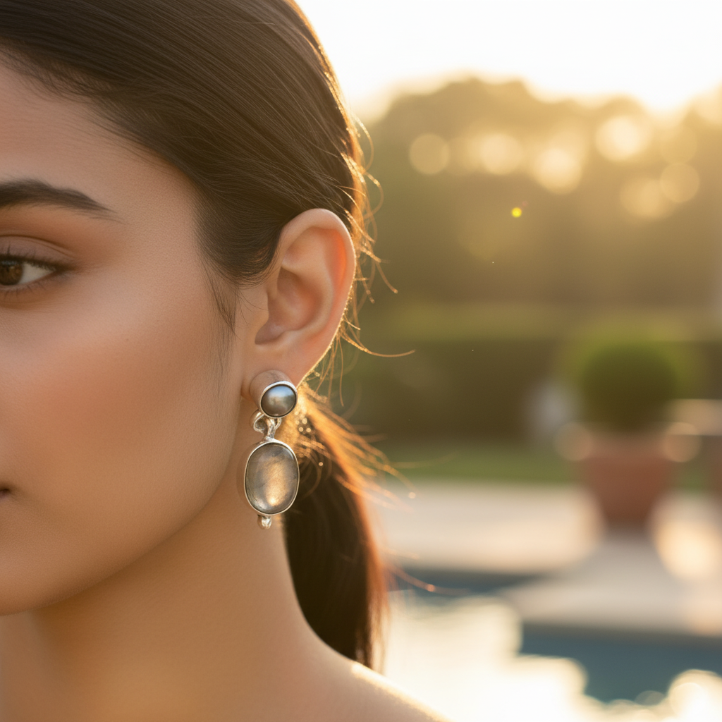 925 Silver Pearl & Moonstone Drop Earrings for Women
