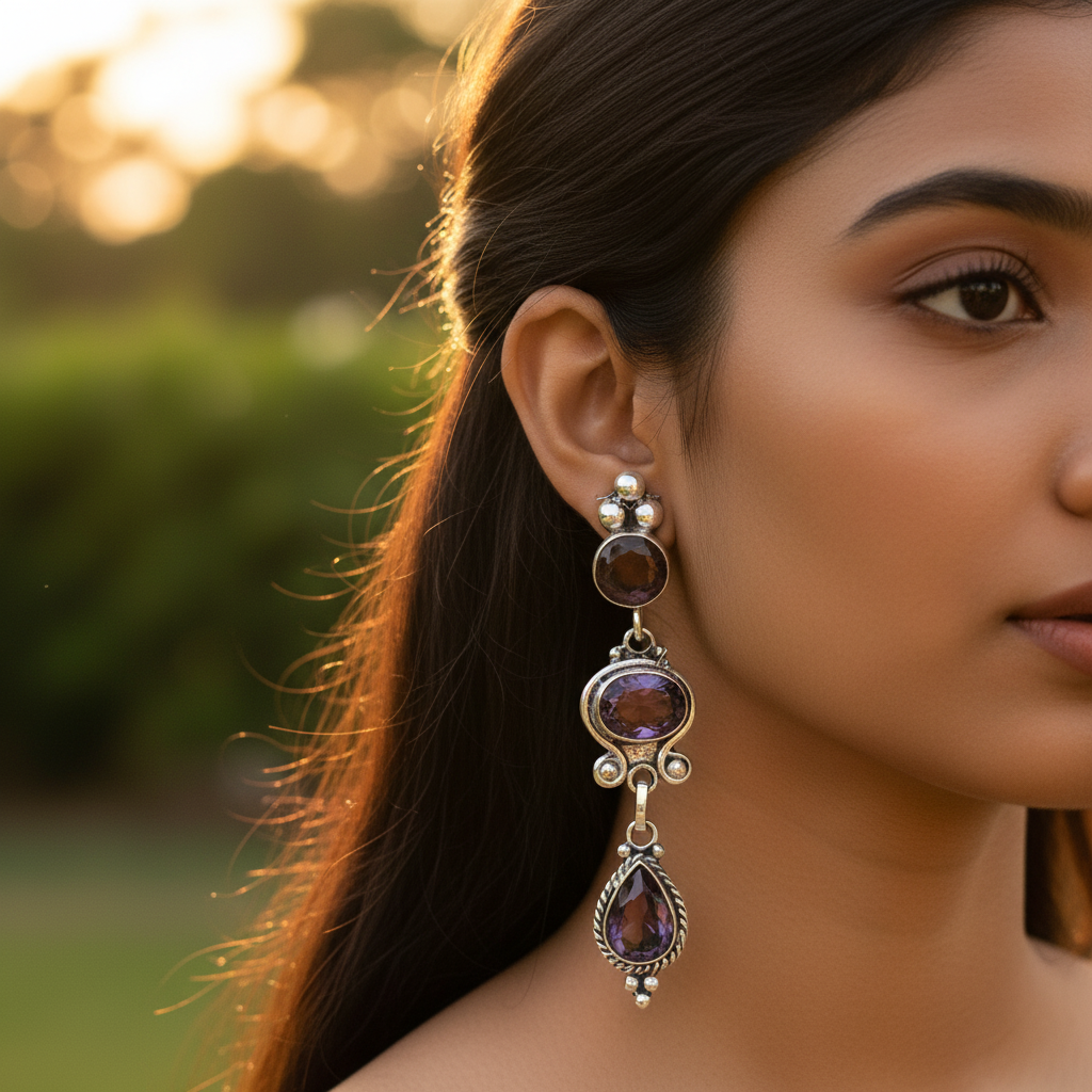 925 Silver Amethyst Drop Earrings for Women | Gemstone Jewelry