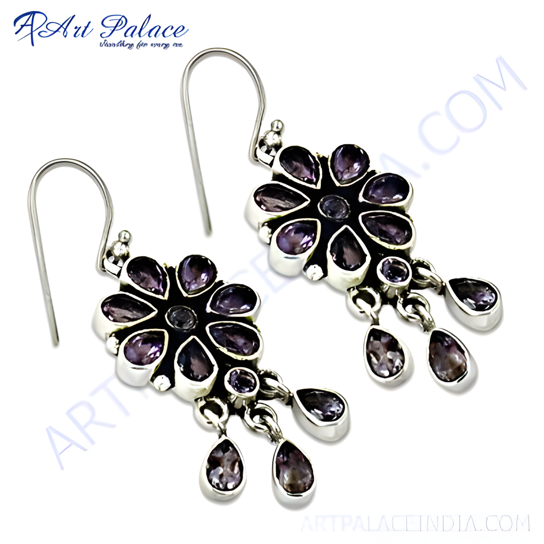 925 sterling silver dangle earrings featuring purple amethyst gemstones in a floral design.